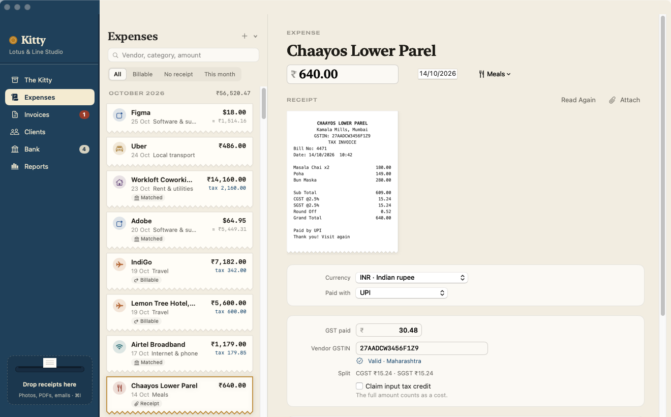 An expense read from a café receipt: vendor, amount, date, category, GST paid, a valid vendor GSTIN and the CGST/SGST split